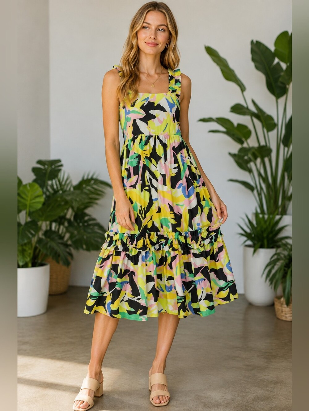 CROSBY Multicolor Abstract Print Ruffle Tiered Midi Bowie Dress Sz Medium